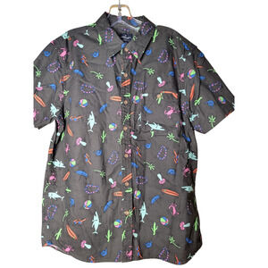American Eagle Button Down Short Sleeve Shirt L Large Sharks Mushrooms Palms